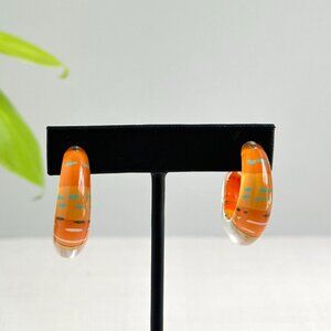 Mod Lucite Hoop Earrings Orange & Blue 1.25" Retro Minimalist Style
